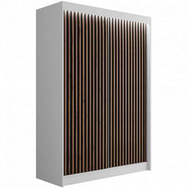 ALTDECOR ŠATNÍ SKŘÍŇ s LED osvětlením, lamelové posuvné dveře VILANv2 – 120 cm bílá + lamely dub wotan