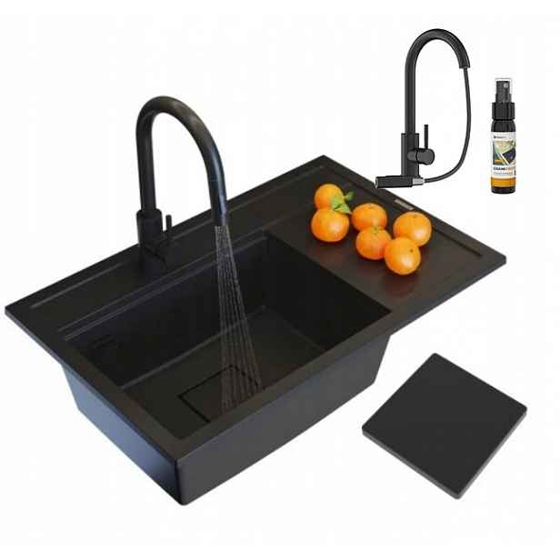Dřez Granitový Černý Set Rendo Kuchyňská Baterie Záslepka Moderní