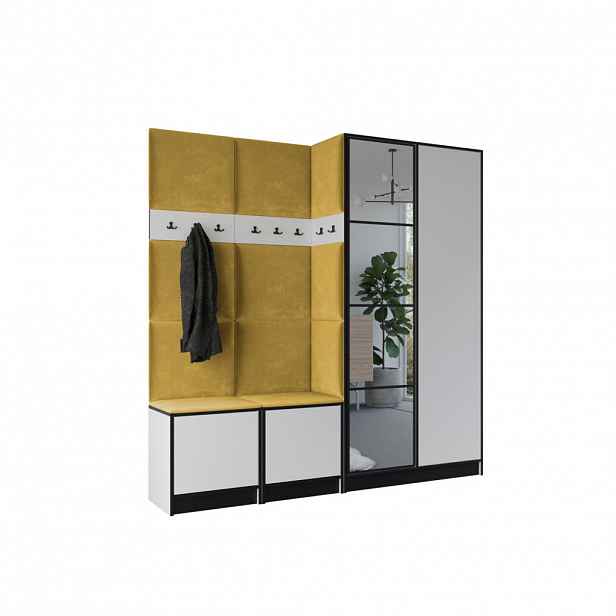 Kier Furniture ŠATNÍ SKŘÍŇ do předsíně EDEN 21 se zrcadlem - Bílá - žlutá látka