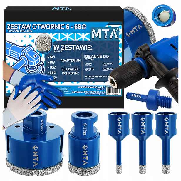 Korunkový Vrták Diamantová Korunka Na Gres M14 Set ⌀ 6,8,10,35,68 mm Adaptér