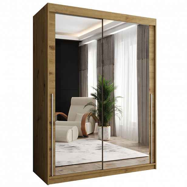 Home Collective ŠATNÍ SKŘÍŇ S POSUVNÝMI DVEŘMI se zrcadlem, šířka 150 cm, Artisan se stříbrným madlem