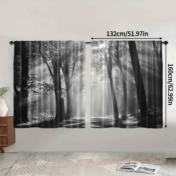 TEMU 2ks Současný Mlžný Les Gothic Tisk Lehce Filtrující Záclony, 100% Polyester, Strojově Pratelné, Upevnění Na Tyč, Válcový Ražba, Pro Ložnici A