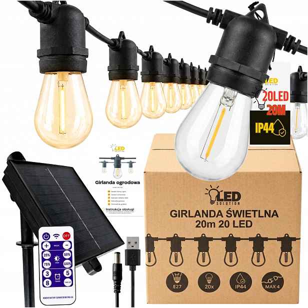 Venkovní Solární Led Zahradní Girlanda 20 M 20X Žárovek Do Zahrady, Terasa