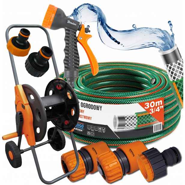 Hadice Zahradní Gumová 3/4" 30m 4 Vrstvy Pistole Vozík Sada Bradas