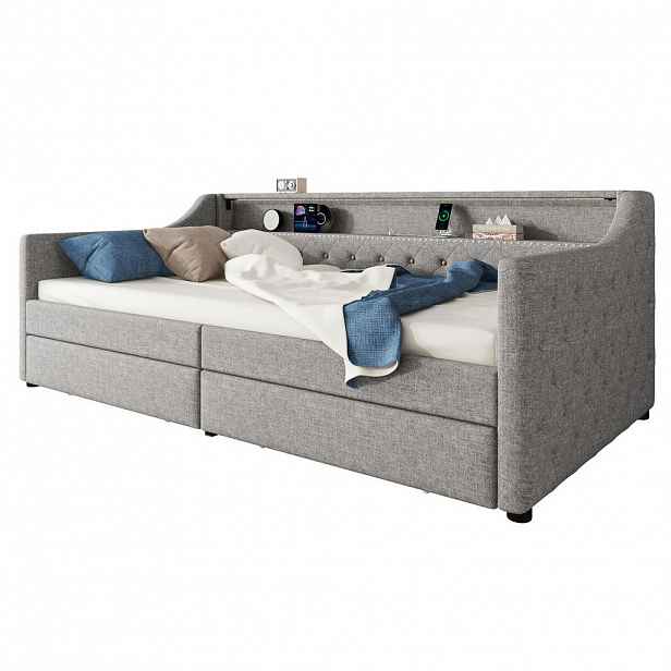 Redom POSTEL 90/200 cm s LED osvětlením, USB portem a 2 zásuvkami, Šedá