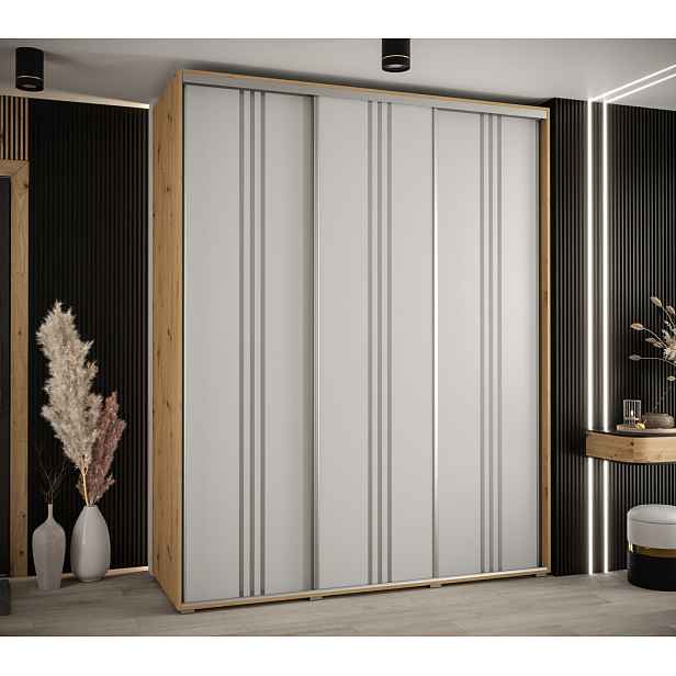 Šatní skříň YVONA 6 - 200/60 cm, dub artisan / bílá / stříbrná