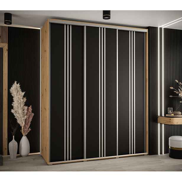 Šatní skříň YVONA 6 - 200/60 cm, dub artisan / černá / stříbrná