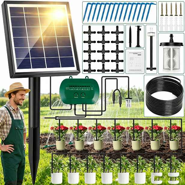 Solární Automatická Zavlažovací Sada Kapkový Systém 15 m 15 Trysek