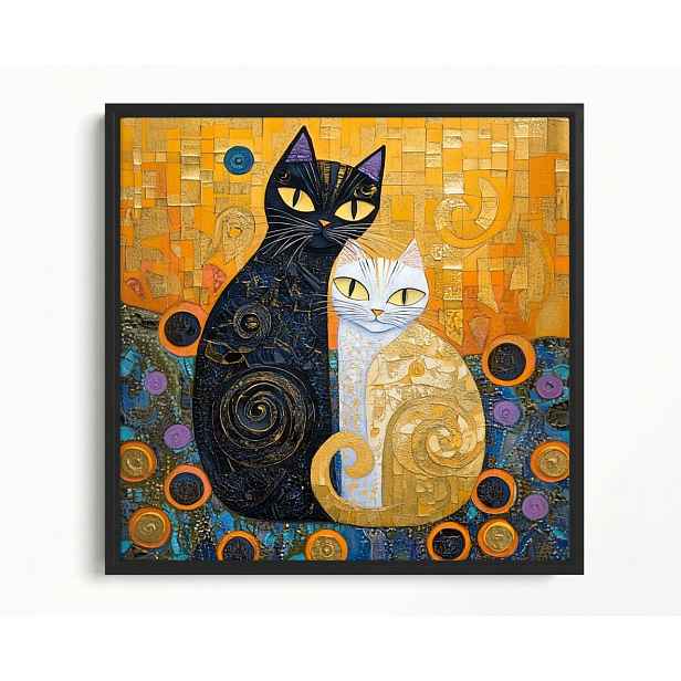 Obraz Rám American Box Mozaika Klimt Dvě Kočky Bílý Černý Yin Yang 50x50