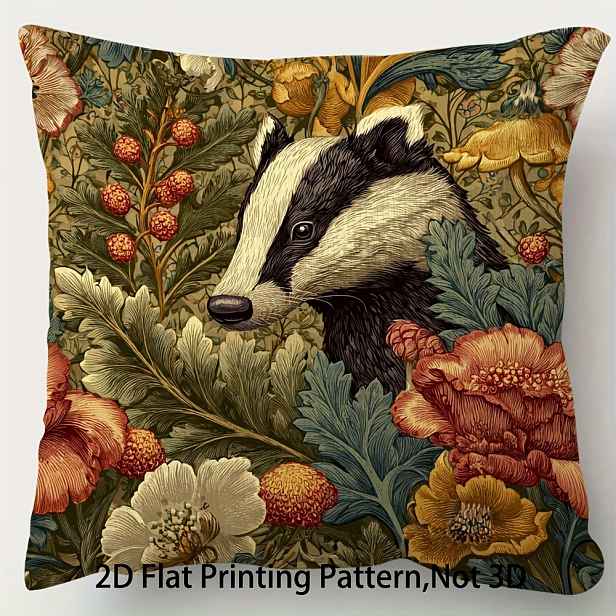 TEMU 2D plochý - 1 ks povlaku na polštář s rostlin, badgera a květin William ve vintage stylu - oboustranný potah 45,72 x 45,72 cm, zapínání na zip