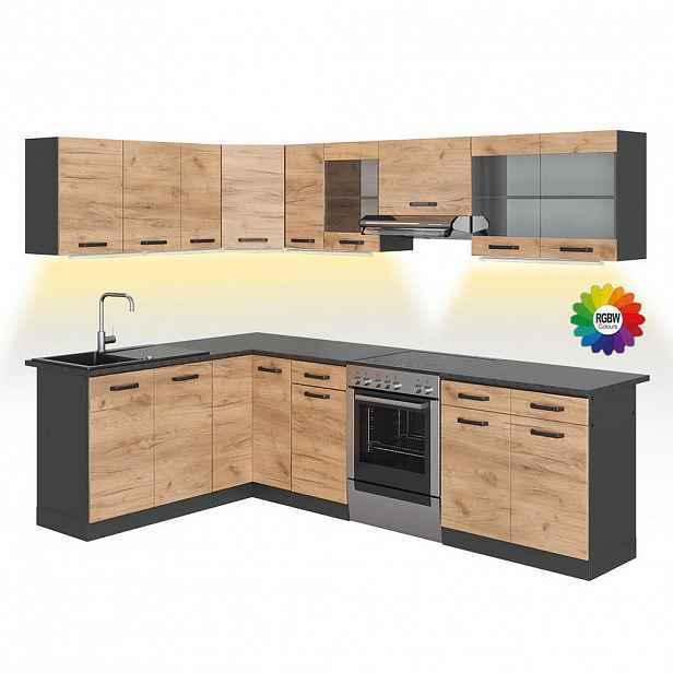 Vicco ROHOVÁ KUCHYŇSKÁ LINKA R-Line, Zlatý mocný dub/Antracit, 267 x 167 cm s pracovní deskou s páskem LED