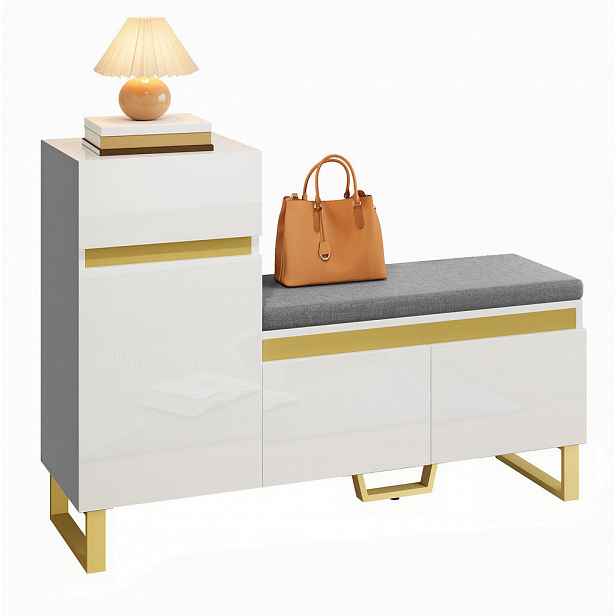 OKWISH BOTNÍK 120/35/85 cm bílý z MDF s čalouněným sedákem a úložnou zásuvkou