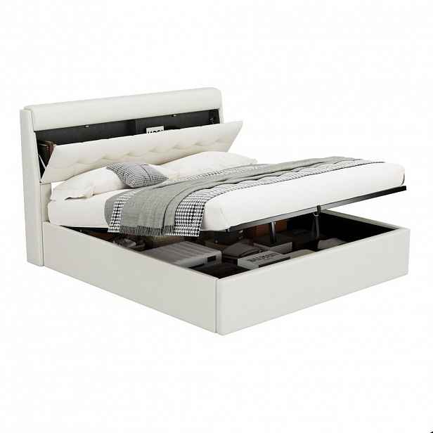 OKWISH ČALOUNĚNÁ postel 160/200 cm bílá z PU s hydraulickým úložným prostorem