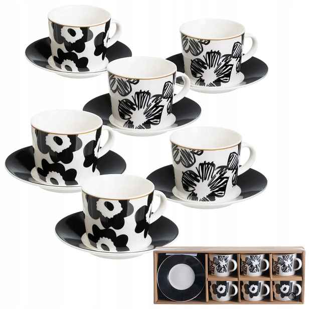 Komplet 6 Šálků Černobílé Květiny Retro Na Espresso Na Kávu 6x100 ML