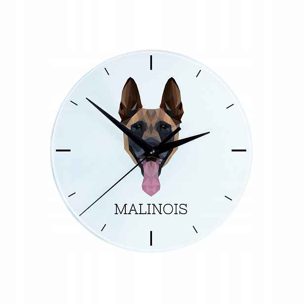 Malinois Belgický ovčák – skleněné nástěnné hodiny s geometrickým psem