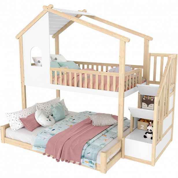 STILVORA PALANDA 90/200 cm & 140/200 cm, přírodní & bílá, s úložným žebříkem, zábranou, domečkový design