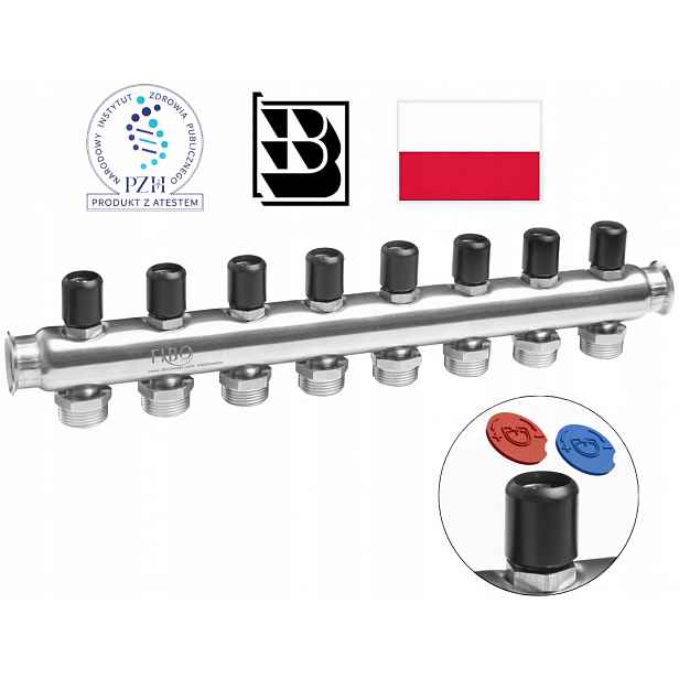 Rozdělovač Inox Home na pitnou vodu 3/4″ z nerezové oceli, 8 sekcí