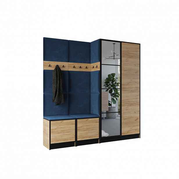 Kier Furniture ŠATNÍ SKŘÍŇ do předsíně EDEN 21 se zrcadlem - Dub Craft & modrá látka