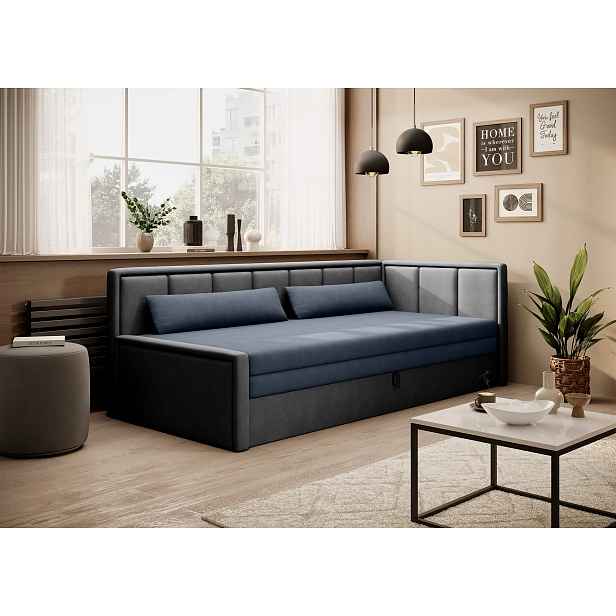 Rozkládací válenda s úložným prostorem 75x200 SLORA - modrá / šedá, pravé provedení