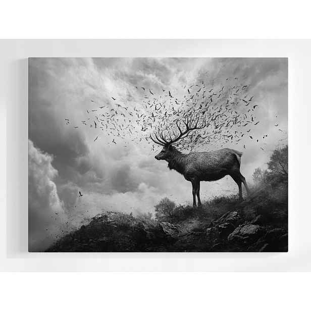 Obraz Na Plátně Canvas Abstrakce Příroda Jelen Ptáci Šedá Hora 80x60