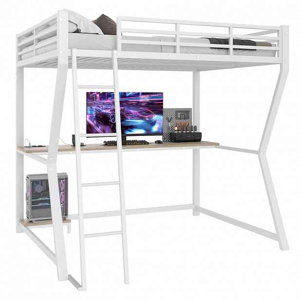 Redom VYSOKÁ postel 140/200 cm s LED osvětlením, psacím stolem, zásuvkou a USB, s bezpečnostním zábradlím a schodištěm, Bílá