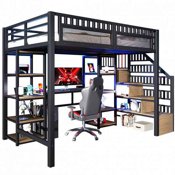 Redom VYSOKÁ postel 140/200 cm s LED osvětlením, USB portem, psacím stolem a úložným prostorem, Černá