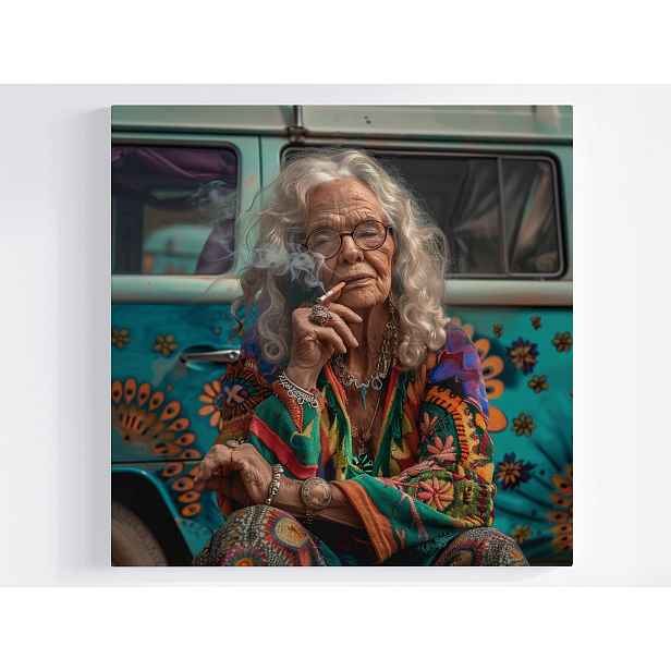 Obraz Na Plátně Canvas Hippie Starší Žena Barevný Van Retro 50x50