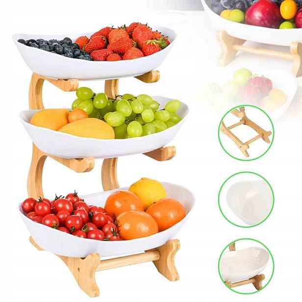 Stojan na ovoce 3 úrovně Dřevěný Boho Blat Kuchyňský koš Patera Podnos