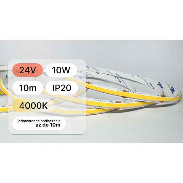 Led pásek Cob 24V 10 metrů 10W/m 480LED/m neutrální 4000K Cri >90