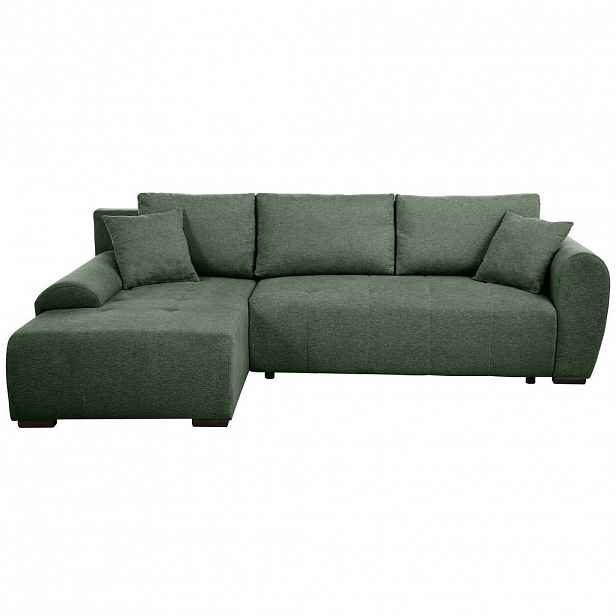 Beautysofa ROHOVÁ ROZKLÁDACÍ POHOVKA Dallas s úložným prostorem, 255 cm, lahvově zelená, levá, velurová látka