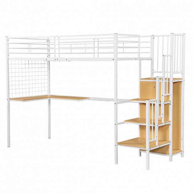 STILVORA PATROVÁ POSTEL 90/200 cm, bílá & přírodní, se šatní skříní a stolem