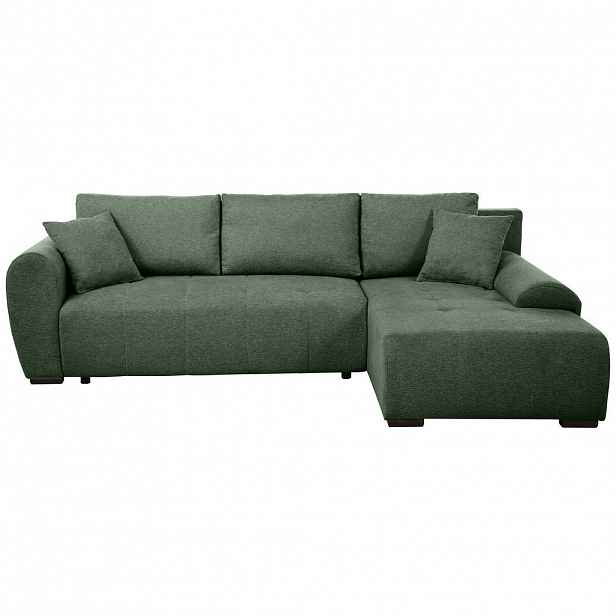 Beautysofa ROHOVÁ ROZKLÁDACÍ POHOVKA Dallas s úložným prostorem, 255 cm, lahvově zelená, pravá, velurová látka