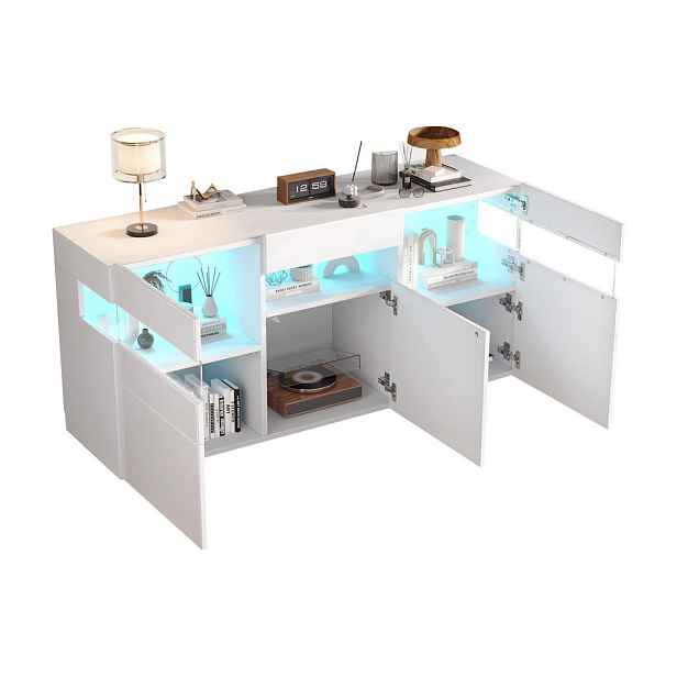 Redom SIDEBOARD 140/40,5/66,5 cm s LED osvětlením, vysokým leskem a 3 dvířky, Bílá
