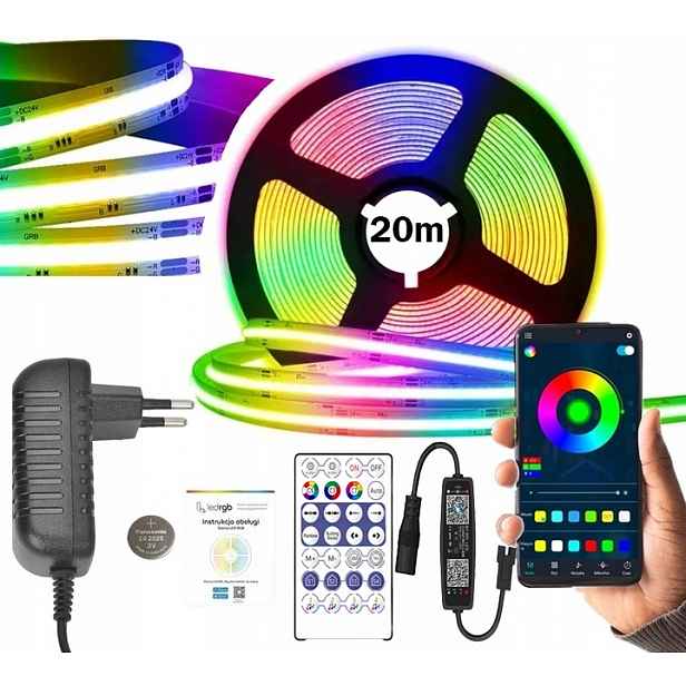Led Páska 20M (2x10m) Cob Neon Rgbic 576/m Bluetooth Aplikace Dálkový Ovladač Set