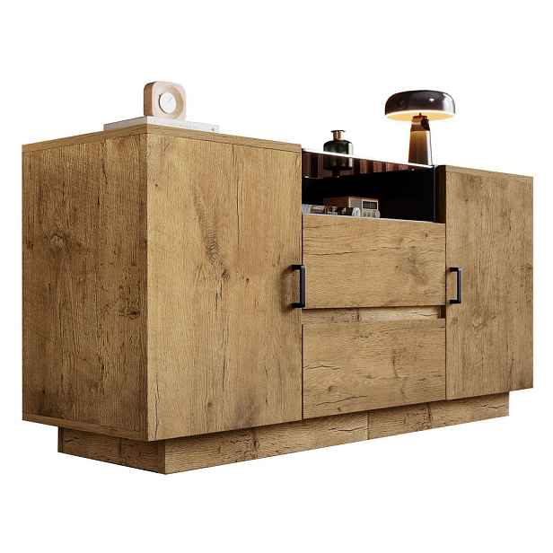 Redom SIDEBOARD 140/40/70 cm s 2 zásuvkami, 2 skříňkami a otevřenou přihrádkou, z ESG skla, Světlý dub