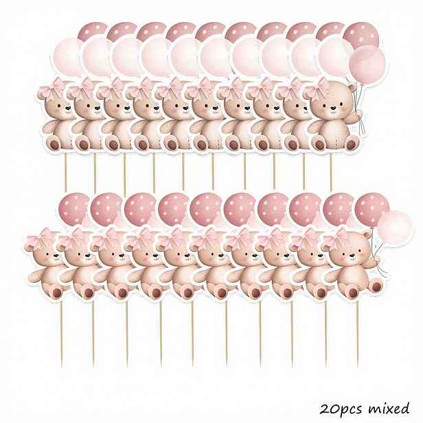 TEMU 20 ks kreslených -růžových ozdob na cupcakes s akvarelovým potiskem medvídka, ozdoby na cupcakes s medvídka pro oslavu narozenin, halloweenské a
