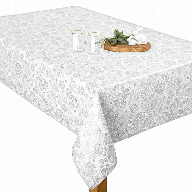 Velikonoční ubrus s manžetou odolný proti skvrnám Stříbrné písanky 130 x 250 cm