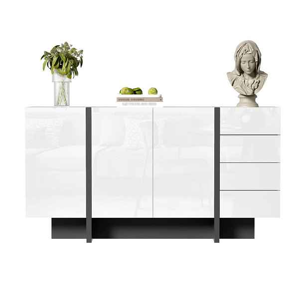 Redom SIDEBOARD 150/40/80,5 cm s vysokým leskem, 2 dvířky a 4 zásuvkami pro praktický úložný prostor, Bílá/Černá