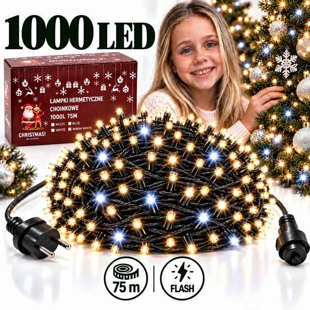 Vánoční Osvětlení Na Stromeček 1000 Led 60,5 M Teplá Bílá Studená Venkovní Flash Kombinované