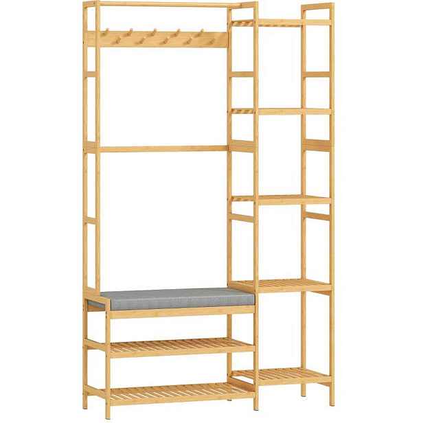 OKWISH VĚŠÁK na oděvy 104/33/175 cm přírodní z bambusu s botníkem, lavicí a háčky