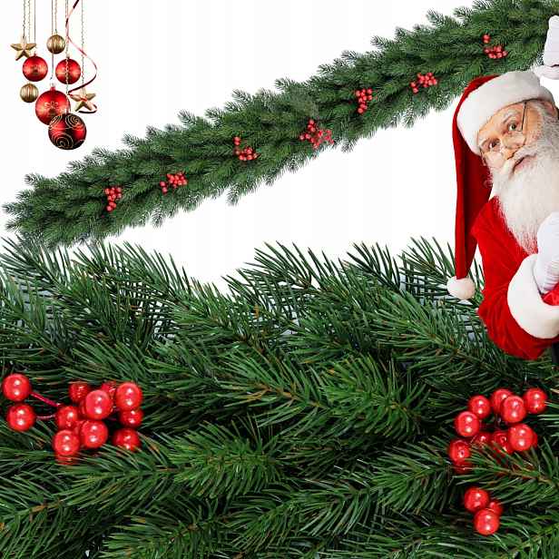 Vánoční girlanda Borovice s jeřabinami 300 cm na zábradlí, ozdoba velmi hustá