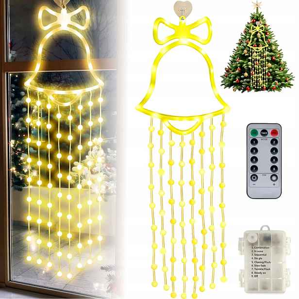 Zvonek Led Závěs Svítící Na Okno Pro Vánoční Stromek, Dveře, Okno