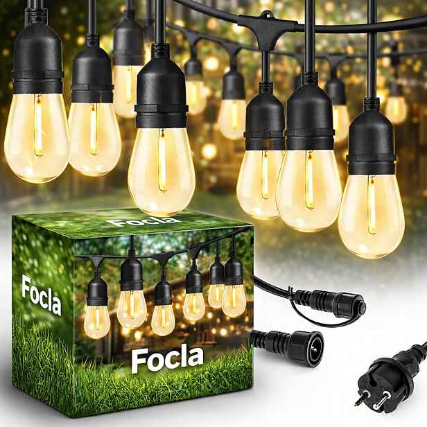 Zahradní Světelná Girlanda 15 m 15 x Led Žárovky E27 Vodotěsná IP65