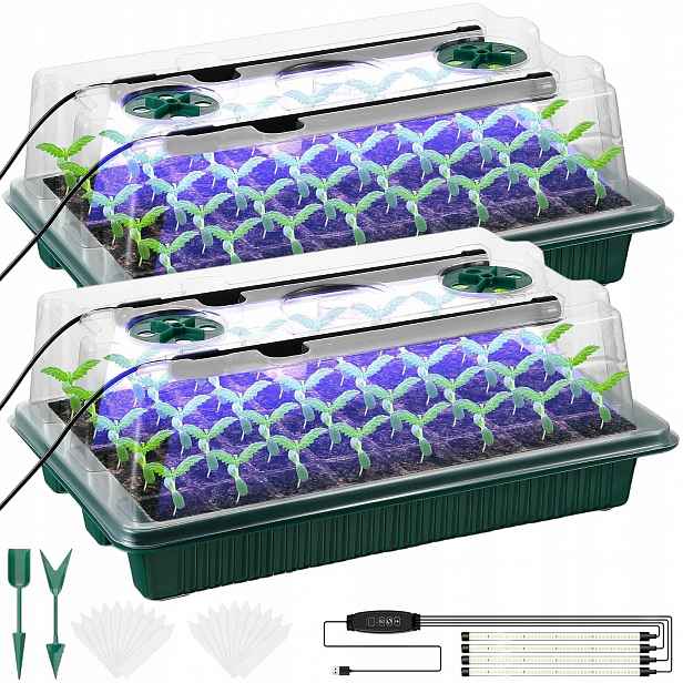 2 Ks Led Lampa Pro Rostliny Mini Skleník, Zásobníky Na Setí S Časovačem, 40 Otvorů