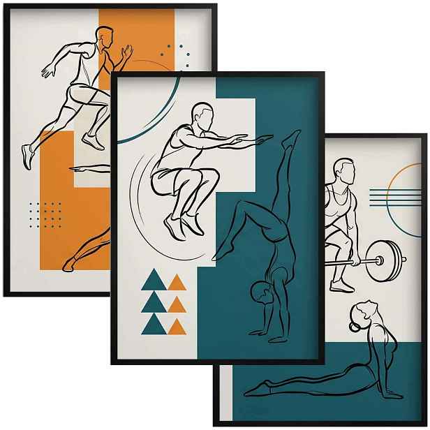 Moderní obraz na zeď Posilovna Triptych plakátů Line Art Sport