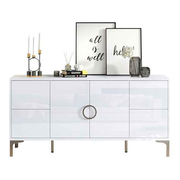 Redom SIDEBOARD 150/38/59,5 cm s vysokým leskem, 4 zásuvkami a 2 dvířky, MDF, Bílá
