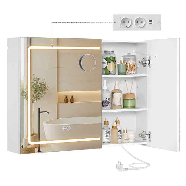 Vasagle Led zrcadlová skříňka s zásuvkami 80 x 16,5 x 60 cm bílá