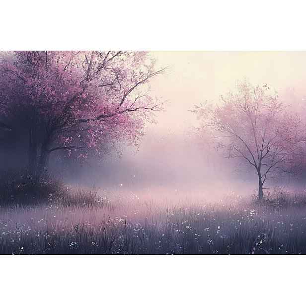 Vliesová fototapeta Růžové ráno úsvit stromy květiny mlha 208x146 130g