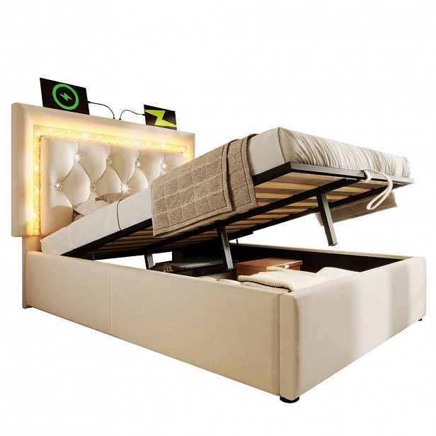 Redom ČALOUNĚNÁ postel 90/200 cm s LED osvětlením, USB a Type-C portem a úložným prostorem, Béžová