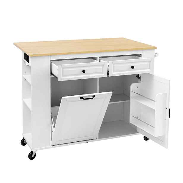 Modenvie KUCHYŇSKÝ ostrůvek z MDF, 120/40–70/92 cm, bílý/přírodní, výklopná deska a zásuvky
